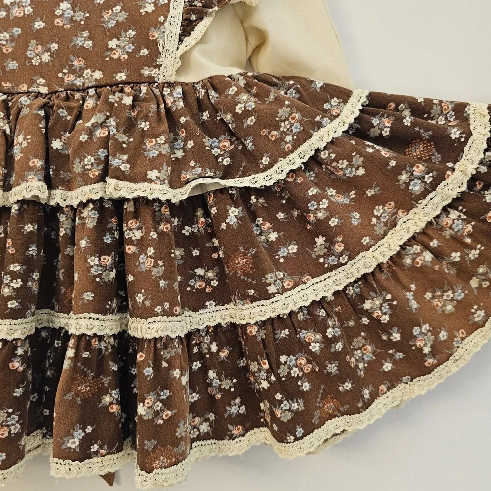 Vintage Dress Girls 6 Brown Floral Ruffle Lace Jumper Style Prairie Cottage Doll